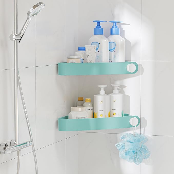 Sotfamily Plastic Shower Caddy Corner (for 90° Only), 2 Pack Adhesive Corner Shower Shelves for Bathroom Organizers and Storage, Turquoise