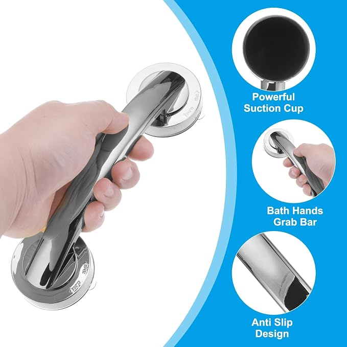 uxcell Grab Bars for Bathtubs and Showers, 9.1" Mirror Glass Door and Window Handles Powerful Shower Suction Cup Anti-Slip Safety Bars for Senior Shower Chairs Silver Tone