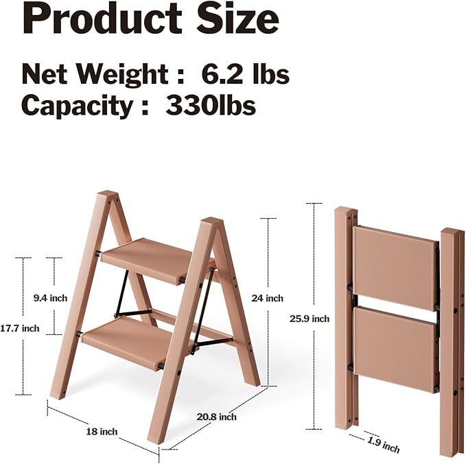 2 Step Ladder, Aluminum Lightweight Folding 2 Step Stool with Anti-Slip Wide Pedal,330lbs Capacity Steel Ladder for Office and Household(Light Peach Pink)