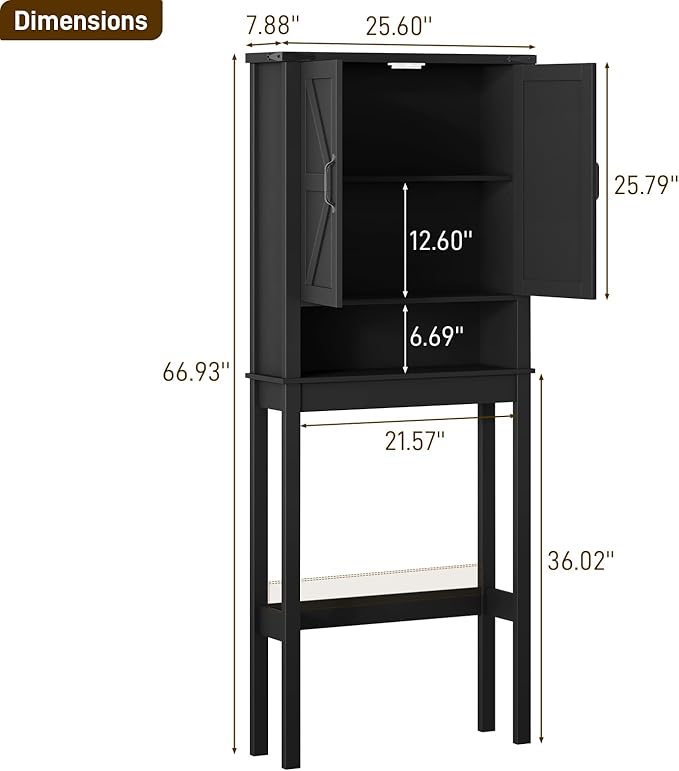 Halitaa Over The Toilet Storage Cabinet, Farmhouse Over Toilet Bathroom Organizer with 2 Barn Doors, Narrow Above Toilet Storage Cabinet, Behind Toilet Bathroom Organizer, Black