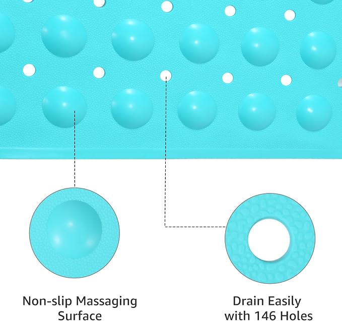 WarmSnow Long Bathtub Mat Non Slip 39.5 x 16 Inch, Inside Shower Mats with Suction Cups & Drain Holes, Soft TPE Bath Mat for Tub, Quick-Drain Bathroom Floor Mats, Blue