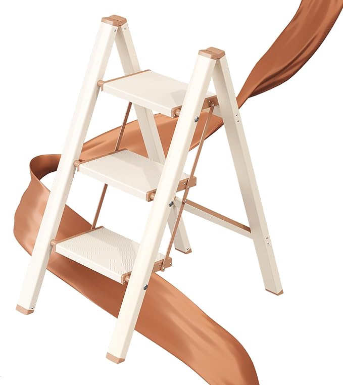 3 Step Ladder, Folding Step Stool with Wider Pedal, Anti-Slip Feet & Non Slip Stripes, Aluminum Sturdy Material, 300Lbs Capacity, Elegant Look of Cream Chocolate Better Matches Your Home