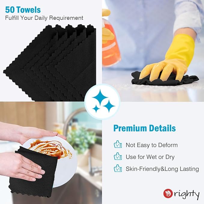 Orighty Microfiber Cleaning Cloth Bulk, 50 Pack Shop Towels, Reusable Cleaning Rags, Lint Free Microfiber Towels for Cars, Home & Kitchen, 12x12 Inch, Black