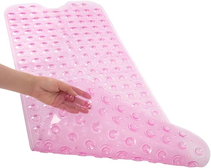 Bathtub and Shower Mats, Extra Long Non-Slip Bath Tub Mat 39 x 16 Inch, Machine Washable Bathmat with Suction Cups & Drain Holes for Bathroom Floor, Clear Pink