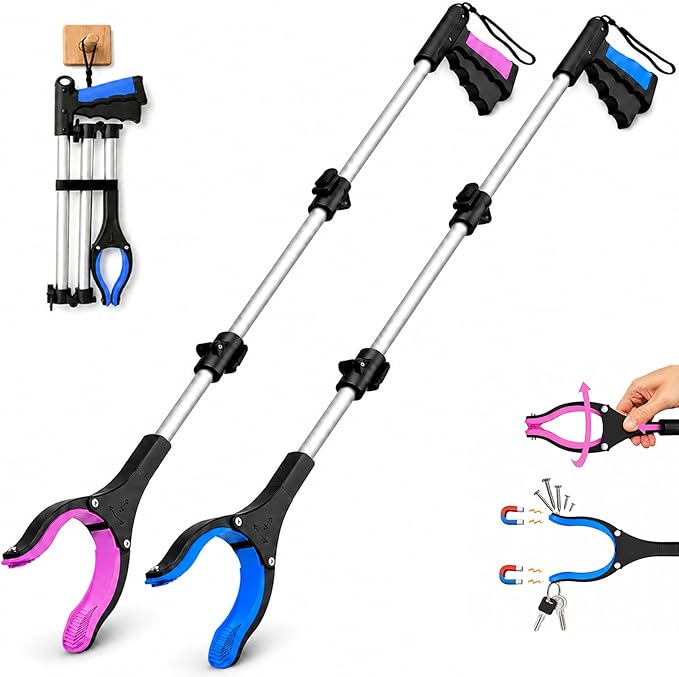 36" Grabber Reacher Tool, 2-Pack Long Reacher Grabber Pickup Tool with 4" Wide Anti-Slip Jaw, 360° Rotating Head and Magnetic Tip, Foldable Trash Grabbers for Seniors, Post Surgery Use Heavy Duty