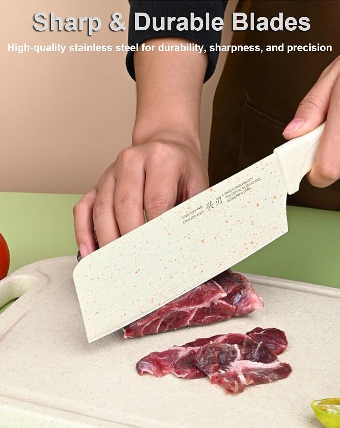 SUJAYU 5 in 1 Mini Knife and Cutting Board Set, Small Camping Cutting Board Cutting Board Scissors, Dorm Kitchen Essentials Travel Knife Set (Beige)