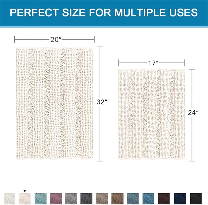 H.VERSAILTEX Ivory Bath Mat Bath Rugs, Extra Thick Striped Bath Rugs for Bathroom 2 Piece Bathroom Set, Anti-Slip Soft Plush Chenille Shaggy Mat Water Absorbent (Ivory, 20" x 32"/17" x 24")