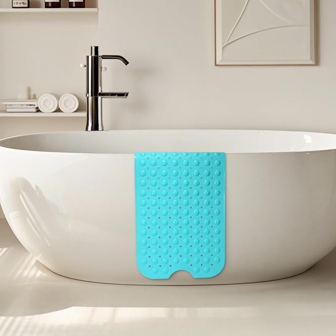 WarmSnow Long Bathtub Mat Non Slip 39.5 x 16 Inch, Inside Shower Mats with Suction Cups & Drain Holes, Soft TPE Bath Mat for Tub, Quick-Drain Bathroom Floor Mats, Blue