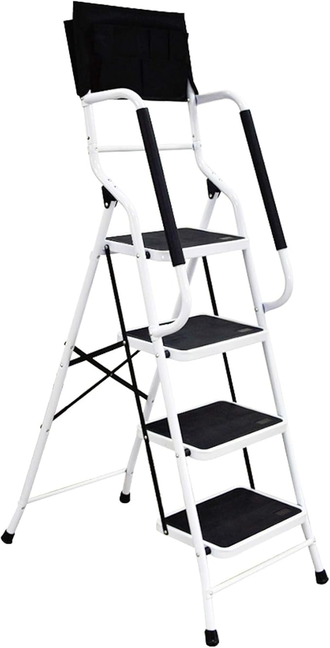 Wiberwi 4 Step Ladder with Handrails 500 lb Capacity Step Stool Folding Portable Ladders for Home Kitchen Steel Frame with Non-Slip Wide Pedal Stepladder with Attachable Tool Bag White