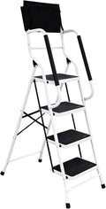 Wiberwi 4 Step Ladder with Handrails 500 lb Capacity Step Stool Folding Portable Ladders for Home Kitchen Steel Frame with Non-Slip Wide Pedal Stepladder with Attachable Tool Bag White
