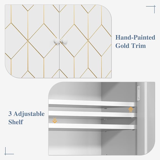 Gold Trim Over The Toilet Storage Cabinet, Double Doors Over Toilet Bathroom Organizer with Adjustable Shelves and Toilet Paper Holder, Modern Over Toilet Storage Cabinet for Bathroom (White)