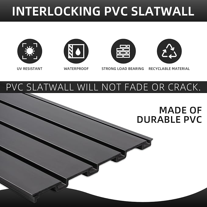 FRAYSCENT Slat Wall Paneling Garage Wall Organizer, Slatwall Panels Garage Tool Organizer Wall Mount Garage Slat Wall Storage Systems, Slat Board PVC Wall Panels Garage Storage (Black, 8ftx4ft)