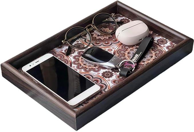 Wooden Valet Tray with Leather Base - Nightstand Catchall Organizer for Cologne, Perfume, Keys, Wallet, Phone, Watch, Jewelry & Sunglasses (Bohemian)