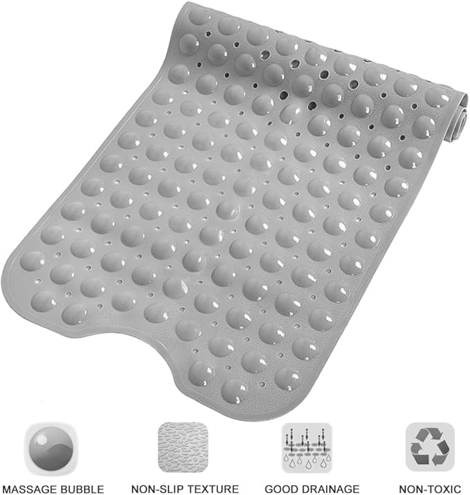 Bathtub and Shower Mats, Extra Long Non-Slip Bath Tub Mat 39 x 16 Inch, Machine Washable Bathmat with Suction Cups & Drain Holes for Bathroom Floor, Gray