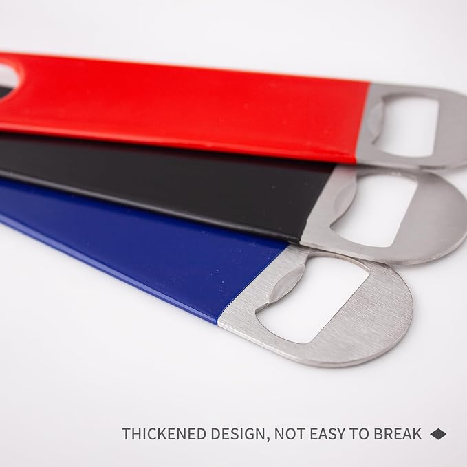 7" Rubber Grip Stainless Steel Flat Bottle Opener, Black Red Blue Sturdy and Durable 3 Pcs Gifts for Friends, Suitable for Bar Bartender Men and Women Kitchen Restaurant Party