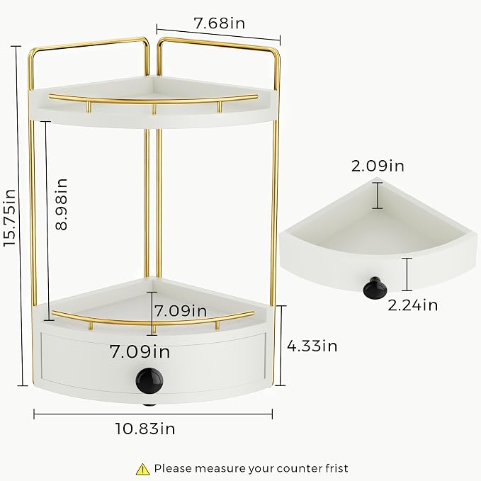 2-Tier Corner Bathroom Counter Organizer with Drawer & Embedded Screw Holes - Wooden Countertop Organizers for Skincare, Makeup Storage, Bathroom Sink Counter Shelf for Vanity, Kitchen, White Gold