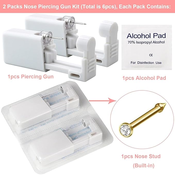 Nose Piercing Gun Kit - 6Pcs Self Nose Piercing Kit Unit Disposable Nose Piercing Gun Including 2Packs Noses Piercing Gun with 2Pcs Built-in Nose Studs and 2Pc Clean Tools for Nose Cartilage Tragus Helix Piercing Kit(Gold)
