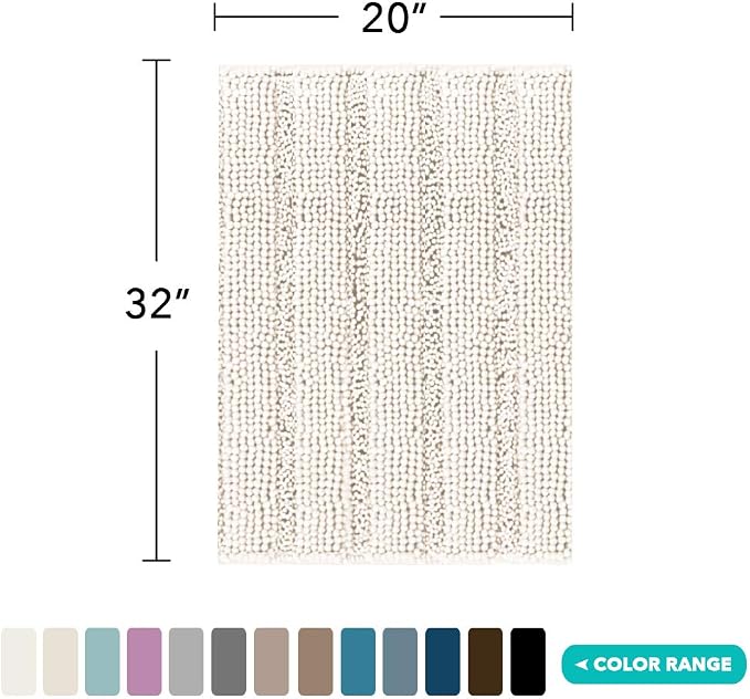 Turquoize Chenille Bath Mat, Soft Absorbent Shag Rug, Non Slip Bathroom Rugs, 20 x 32, Ivory