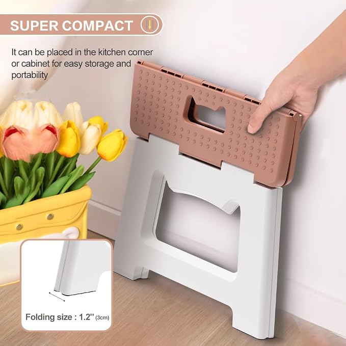 9'' Folding Step Stools for Kids and Adults, Hold Up to 300 lbs, Portable Foldable Step Stool for Toddlers, Plastic Small Collapsible Stepping Stools with Handle for Kitchen Bathroom (Khaki)