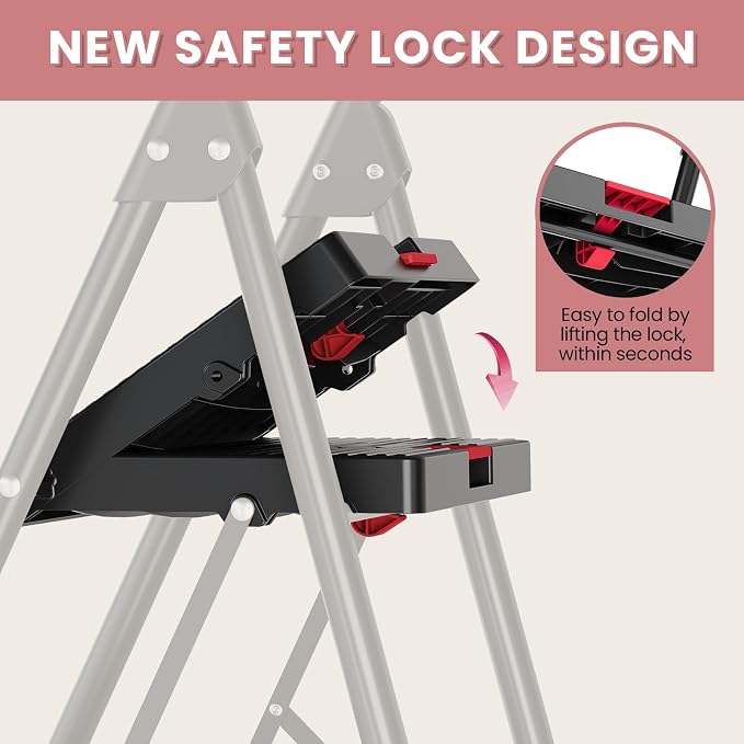 TOOLF 4 Step Ladder Folding Step Stool with Handrail, Heavy Duty Steel Ladder, Anti-Slip Wide Steps, Safe Lock, Portable Ladder for Home Kitchen Garage, Black