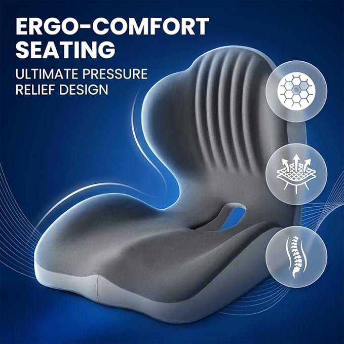 SakerPlus Ergonomic Seat Cushion Ergonomic Memory Foam Seat Cushion, L-Shaped Office Chair Cushion & Car Seat Cushion for Long Sitting, Lower Back Support Pillow for Office, Home, Driving (Black)