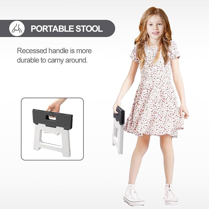 9'' Folding Step Stools for Kids and Adults, Hold Up to 300 lbs, Portable Foldable Step Stool for Toddlers, Plastic Small Collapsible Stepping Stools with Handle for Kitchen Bathroom (Gray)