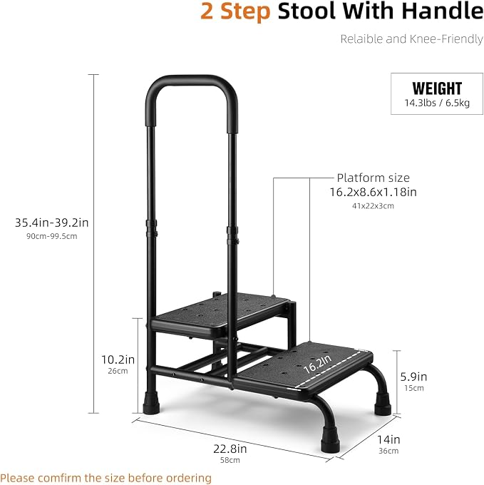 Step Stool with Handle, Non Slip Platform and Adjustable Handrail, Two Step Stool for Ederly, Adults and Handicap, Heavy Duty Foot Stool for High beds, Kitchen, Bathtub