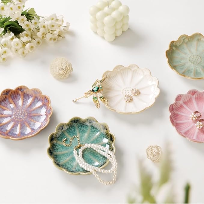 Lotus Ring Holder Dish Small Indoor Ash Tray, Ceramic Dessert Plate Trinket Jewelry Holder Organizing Necklace Earrings for Parents Friends Sister, Deep Purple. All Jewelries Are NOT Included.
