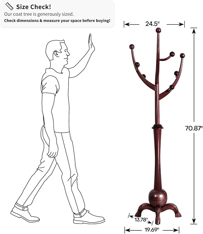 Bekrvio Coat Rack Freestanding Wood Tree Rack with 8 Hooks, Creative Design Tree Branch-look, Coat Tree Clothes Hanger Stand with Stable Sphere Base for Entryway, Hallway, Bedroom (Wine Red)