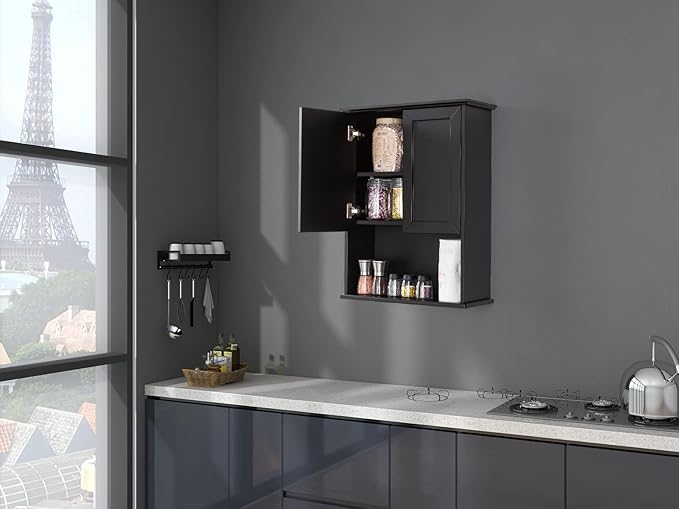 VANIRROR Black Bathroom Wall Cabinet 23x29 inch Wooden Bathroom Medicine Cabinet with 2 Doors and Adjustable Shelf, Wall Mounted Cabinet Over Toilet Storage Cabinet | 2 Doors