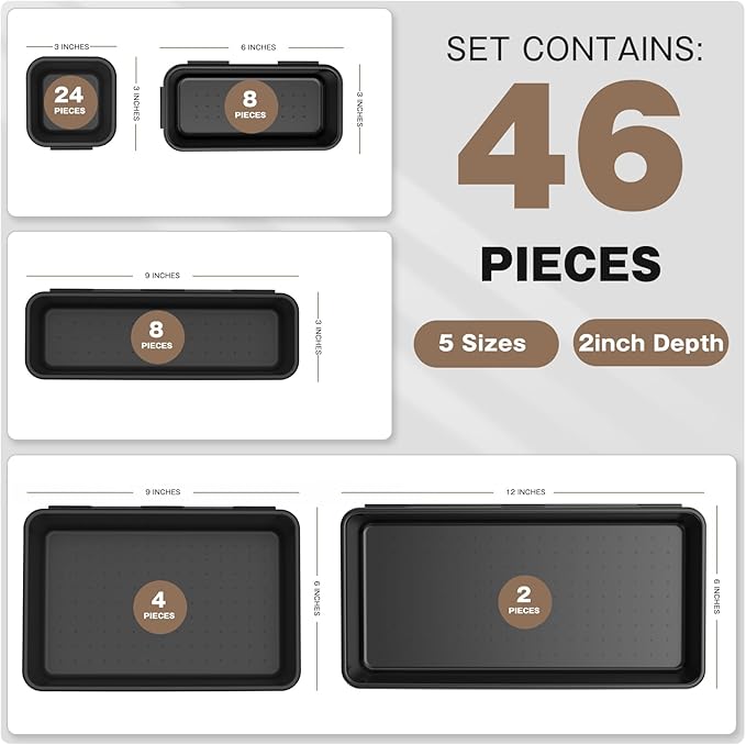 A-LuGei【𝟰𝟲𝗣𝗖𝗦 & 5 Size Tool Box Organizer Tray Divider Set, 【Black】 Bathroom Drawer Organizer Bin, Garage Organization and Storage Toolbox Rolling Tool Chest Cart Cabinet WorkBench Small Part