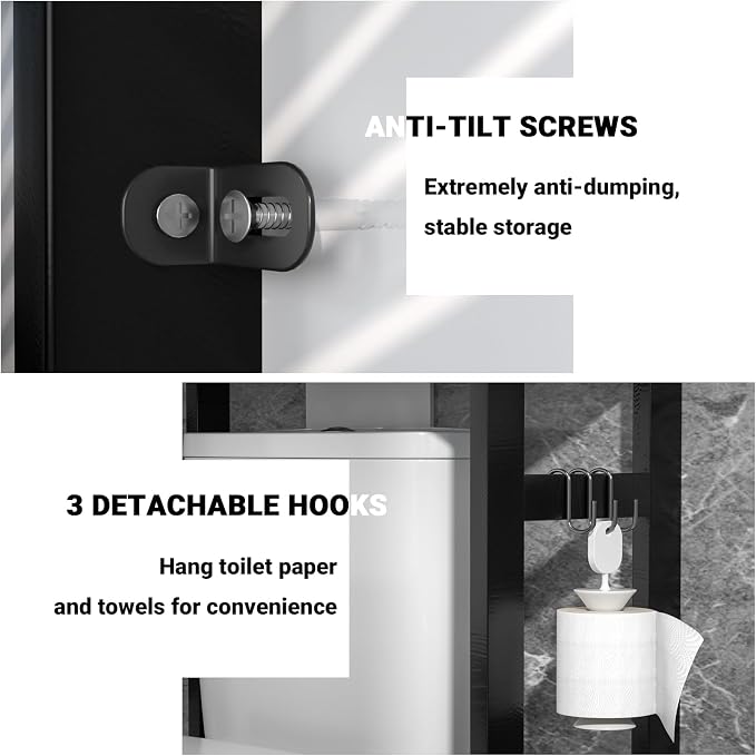 Homykic Bamboo Over The Toilet Storage Shelf, 3-Tier Above Toilet Storage Organizer Rack with 3 Hooks, Freestanding Bathroom Tower Shelf Unit for Small Space, No Rust, Easy to Assemble, Black