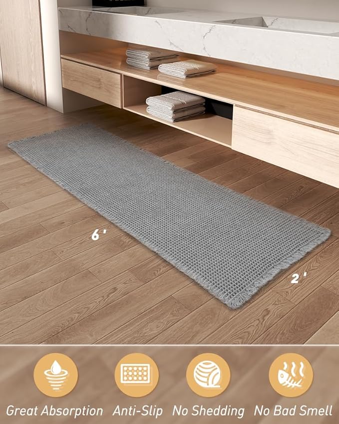 Upgraded Waffle Runner Rug Super Absorbent Non Slip Bath Mats for Bathroom Machine Washable Bathroom Runner Rug with Tassels, Ideal for Hallway Bedroom Laundry Room, Light Grey, 2' x 6'(24" x 72")