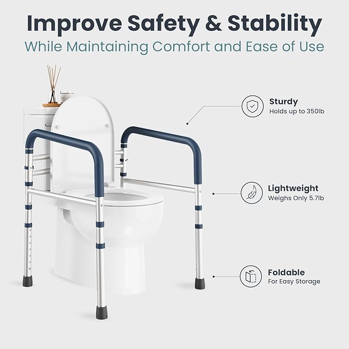 PELEGON Toilet Safety Rails (350 lb) - Adjustable Toilet Safety Frame & Rails, Toilet Safety Rail for Elderly Adults, Toilet Handles for Seniors, Toilet Bars for Elderly, Disabled & Handicap - Grey