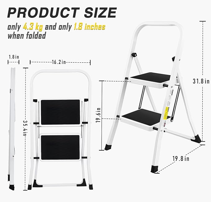 2 Step Stool, Folding Step Stool - Capacity with Wide Anti-Slip Pedal, Portable Steps Stool for Adults Multi-Use for Household, Kitchen, Office (Matte White)