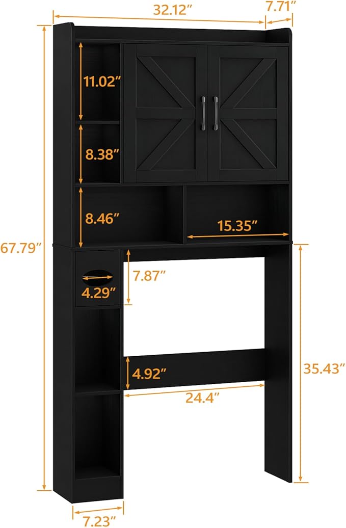 Vabches Over The Toilet Storage Cabinet, Farmhouse Storage Cabinet Over Toilet with 2 Barn Door & Toilet Paper Holder Stand, Home Space-Saving Toilet Rack, for Bathroom, Restroom (Black)