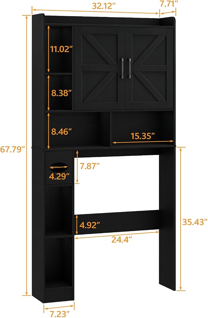 Vabches Over The Toilet Storage Cabinet, Farmhouse Storage Cabinet Over Toilet with 2 Barn Door & Toilet Paper Holder Stand, Home Space-Saving Toilet Rack, for Bathroom, Restroom (Black)