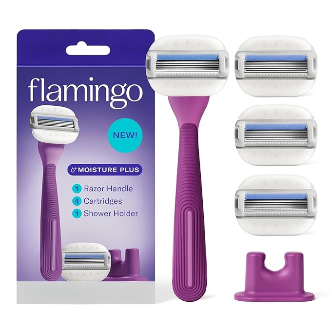Flamingo Moisture Plus Women's Razor Set - No Shave Gel Needed - Razor Handle, 4 Blade Refills, Shower Holder - Fig