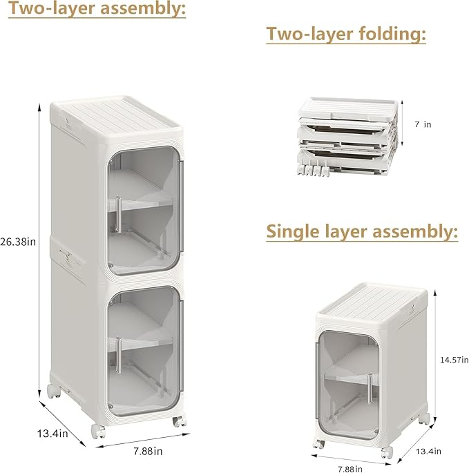 2-Tier Narrow Storage Cabinet, Slim Bathroom Storage Cabinet with Adjustable Shelves and Wheels, Narrow Organizer for Small Space, Bathroom, Kitchen, Laundry, White