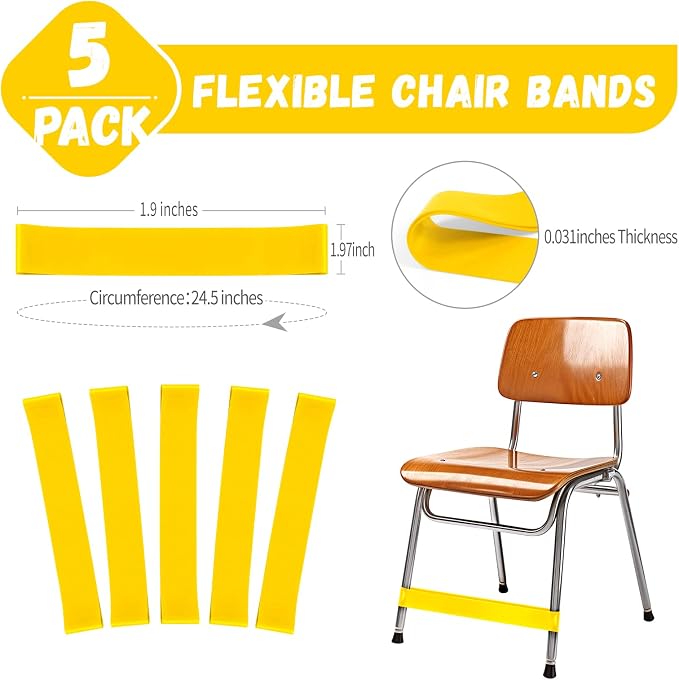5 Pack Chair Bands for Kids with Fidgety Feet, ADHD Tools for Kids, Improve Focus & Reduce Restlessness, Chair Bands for Sensory ADHD ADD Autism - Classroom & Home Must Haves (Yellow)