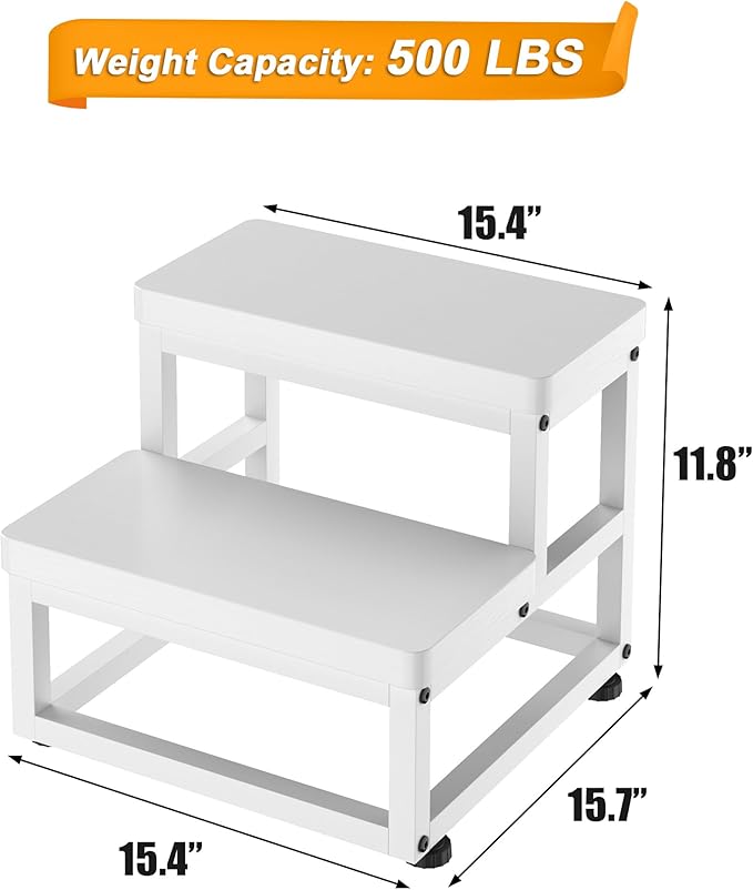 Step Stools for Adults Kids, Heavy Duty Stepping Stool Wooden Bed Step Stools for High Beds, Non-Slip 2 Bedside Foot Stool with 500 Lb Capacity for Bedroom Kitchen Bathroom Outside,Easy Assembly,White