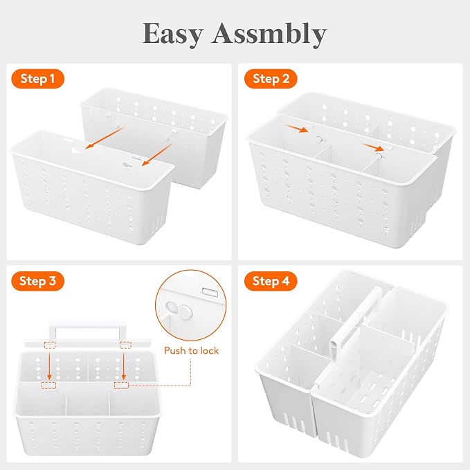 Lifewit Shower Caddy Portable, Caddy Organizer with Handle and Adjustable Dividers, Plastic Shower Basket for Dorm Room Essentials, College, Bathroom, White, 2 Packs
