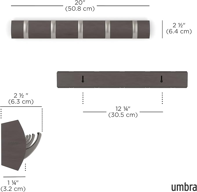 Umbra Flip Wall-Mounted Coat Rack with 5 Hooks – Modern, Space-Saving Storage for Hats, Jackets, Bags, Entryway, Mudroom, Closet, Bathroom, Bedroom – Driftwood/Nickel