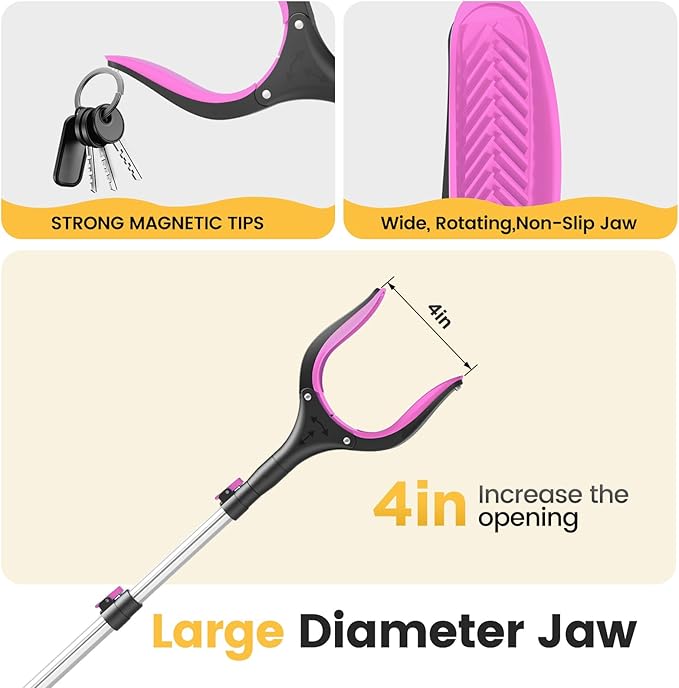 Telescopic Grabber Reacher Tool, 5-Level Adjustable Length (23'' to 41'') - Trash Claw Gripper, Pickup Stick for Litter Picking, Yard Work, and Seniors (Pink)