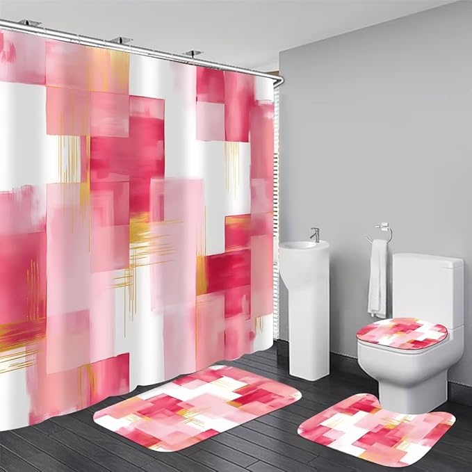 Yddsky 4 Pcs Pink and Gold Geometric Shower Curtain Sets Non-Slip Bath Rugs, Bathroom Accessories,Bathroom Sets with Shower Curtain and Rugs, Pink Geometric Modern Bathroom Decor with 12 Hooks
