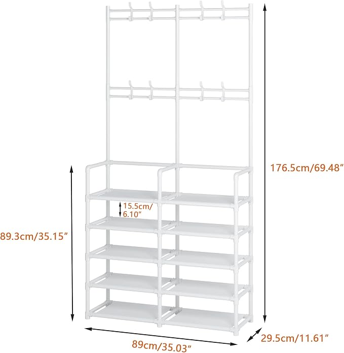 Laiensia 5-Tier Entryway Coat Rack, Coat and Shoe Rack, Entryway Bench Storage Organizer with 8 Hooks for Bedroom, Hallway, Office, White