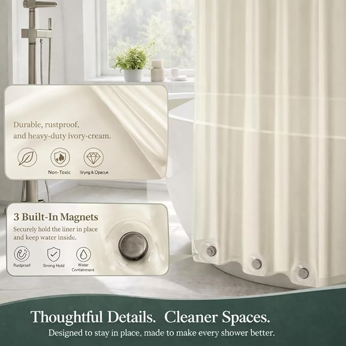 EHZNZIE Cream Shower Curtain Liner 72x72, PEVA Waterproof Bath Curtain, No Chemical Smell, 3 Weighted Magnets, Durable with Rustproof Metal Grommets