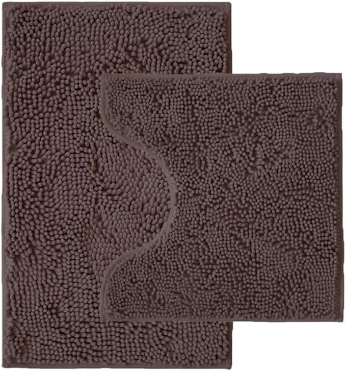 Bathroom Rugs Sets 2 Piece,Super Absorbent Chenille Bath Mats and U-Shaped Toilet Rug,Strong PVC Non Slip Backing,Microfiber Washable Dry Quickly Bath Mats for Bathroom(20"x32"+20"x20"U, Coffee)