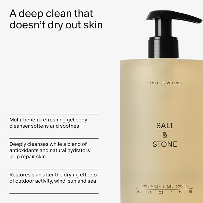 Salt & Stone Body Wash with Antioxidants for Deep Moisture | For Women & Men, Sulfate, Paraben, & Dye Free, Leaving Skin Soft and Hydrated | Santal & Vetiver Refill 32 fl oz