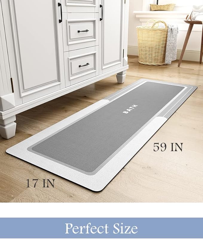 MontVoo-Bath Mat Runner Long Bathroom Mat Rug Non Slip Super Absorbent Stain Resistant Quick Dry Thin Bathroom Rug Fit Under Door-Bath Mats for Bathroom Floor Bathtub Vanity-Bathmat 17"x59" Grey